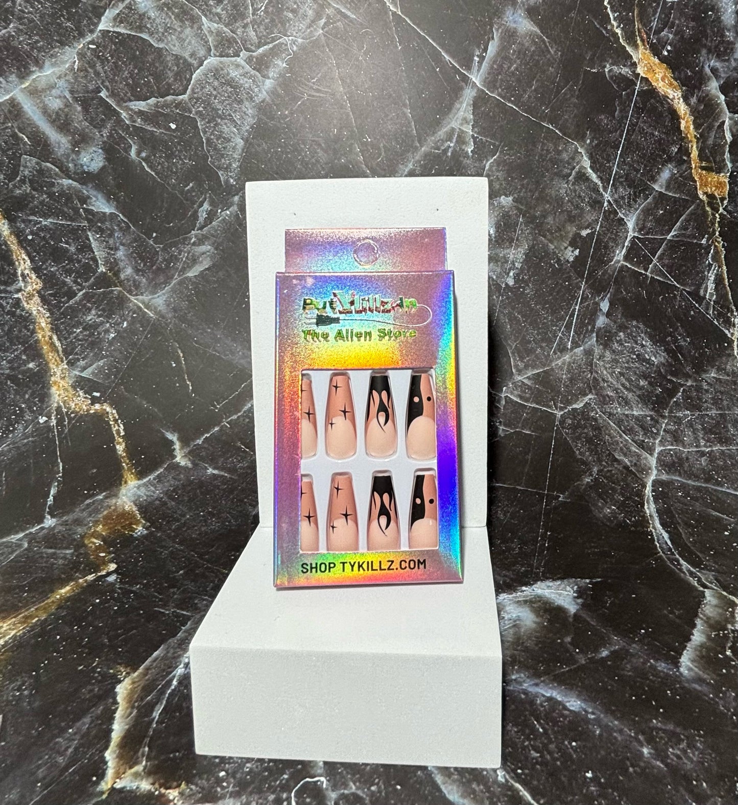 Long Brown Fire Press On Nails